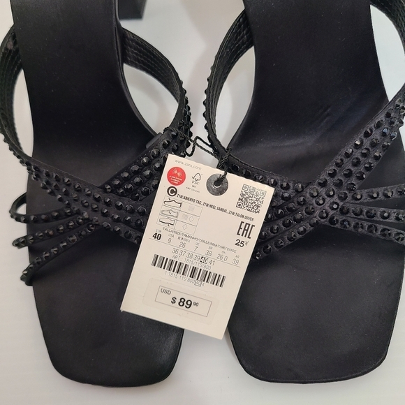 ZARA SATIN EFFECT RHINESTONE HEELED SANDALS BLACK SIZE 9 | 1815/110/800 - Picture 9 of 12